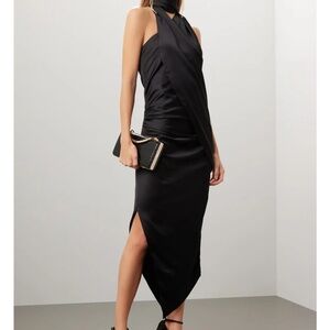 Aria Black Halter Draped Midi Dress with Side Slit